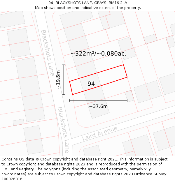 94, BLACKSHOTS LANE, GRAYS, RM16 2LA: Plot and title map