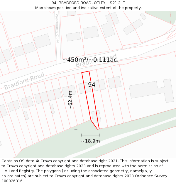 94, BRADFORD ROAD, OTLEY, LS21 3LE: Plot and title map