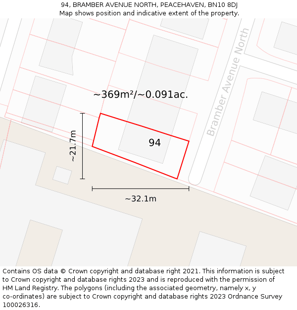 94, BRAMBER AVENUE NORTH, PEACEHAVEN, BN10 8DJ: Plot and title map