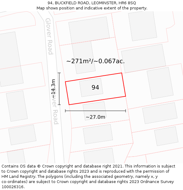 94, BUCKFIELD ROAD, LEOMINSTER, HR6 8SQ: Plot and title map