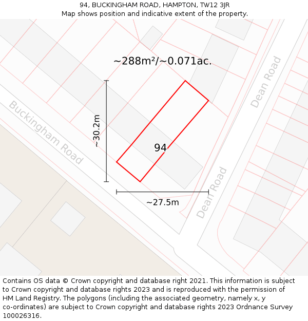 94, BUCKINGHAM ROAD, HAMPTON, TW12 3JR: Plot and title map