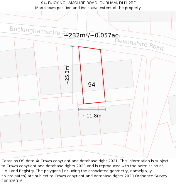 94, BUCKINGHAMSHIRE ROAD, DURHAM, DH1 2BE: Plot and title map