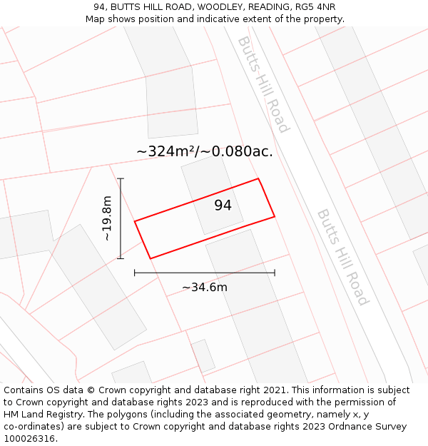 94, BUTTS HILL ROAD, WOODLEY, READING, RG5 4NR: Plot and title map