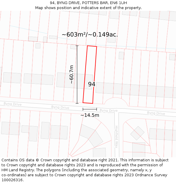 94, BYNG DRIVE, POTTERS BAR, EN6 1UH: Plot and title map