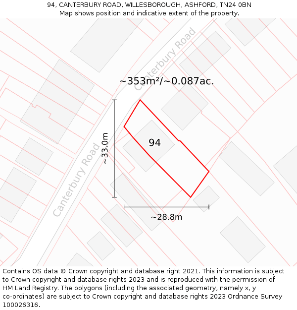 94, CANTERBURY ROAD, WILLESBOROUGH, ASHFORD, TN24 0BN: Plot and title map