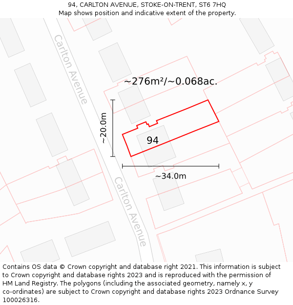94, CARLTON AVENUE, STOKE-ON-TRENT, ST6 7HQ: Plot and title map