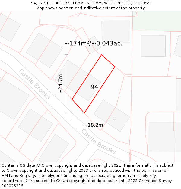 94, CASTLE BROOKS, FRAMLINGHAM, WOODBRIDGE, IP13 9SS: Plot and title map