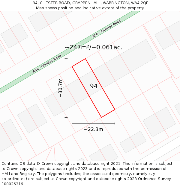 94, CHESTER ROAD, GRAPPENHALL, WARRINGTON, WA4 2QF: Plot and title map