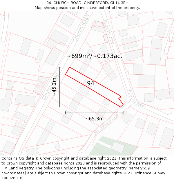 94, CHURCH ROAD, CINDERFORD, GL14 3EH: Plot and title map