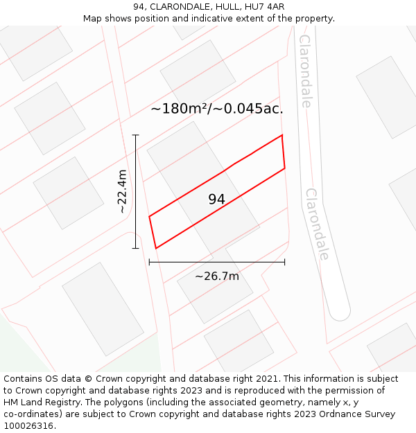 94, CLARONDALE, HULL, HU7 4AR: Plot and title map