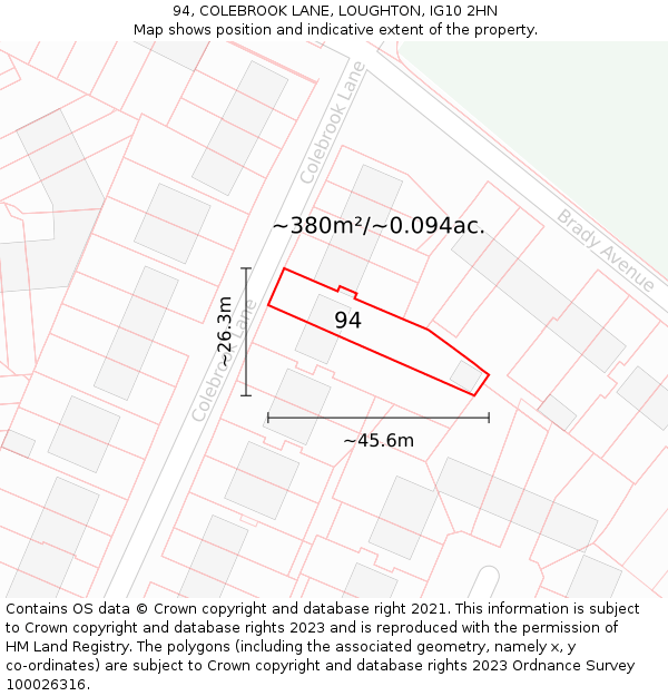 94, COLEBROOK LANE, LOUGHTON, IG10 2HN: Plot and title map