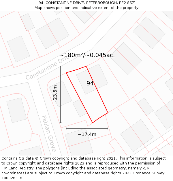 94, CONSTANTINE DRIVE, PETERBOROUGH, PE2 8SZ: Plot and title map