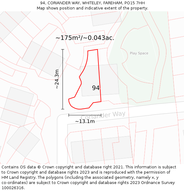 94, CORIANDER WAY, WHITELEY, FAREHAM, PO15 7HH: Plot and title map