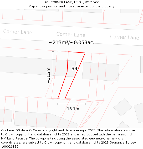 94, CORNER LANE, LEIGH, WN7 5PX: Plot and title map