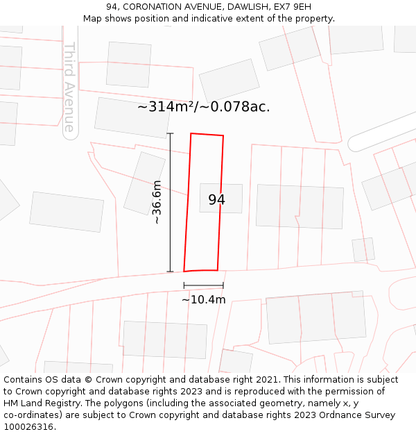 94, CORONATION AVENUE, DAWLISH, EX7 9EH: Plot and title map