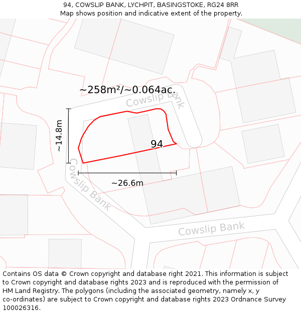 94, COWSLIP BANK, LYCHPIT, BASINGSTOKE, RG24 8RR: Plot and title map