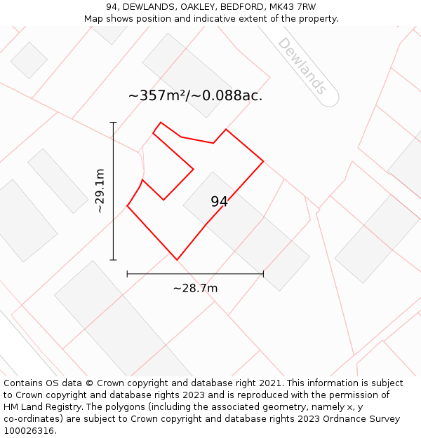 94, DEWLANDS, OAKLEY, BEDFORD, MK43 7RW: Plot and title map