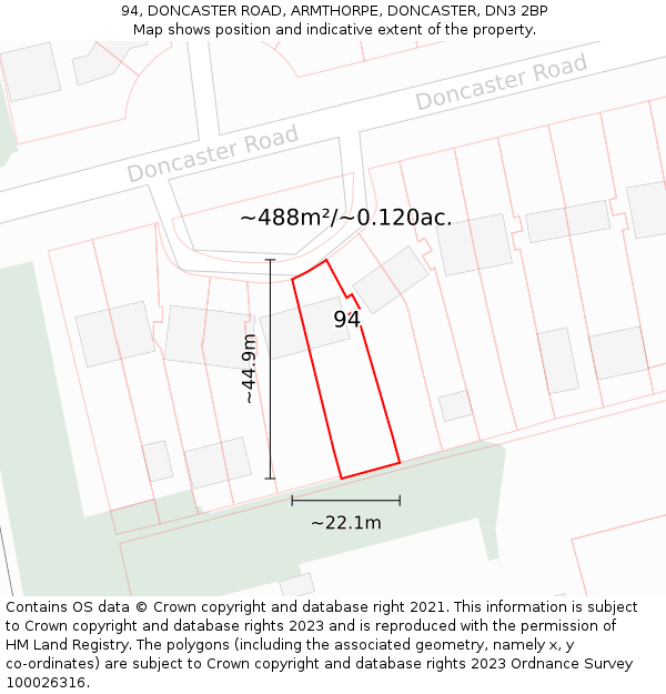 94, DONCASTER ROAD, ARMTHORPE, DONCASTER, DN3 2BP: Plot and title map