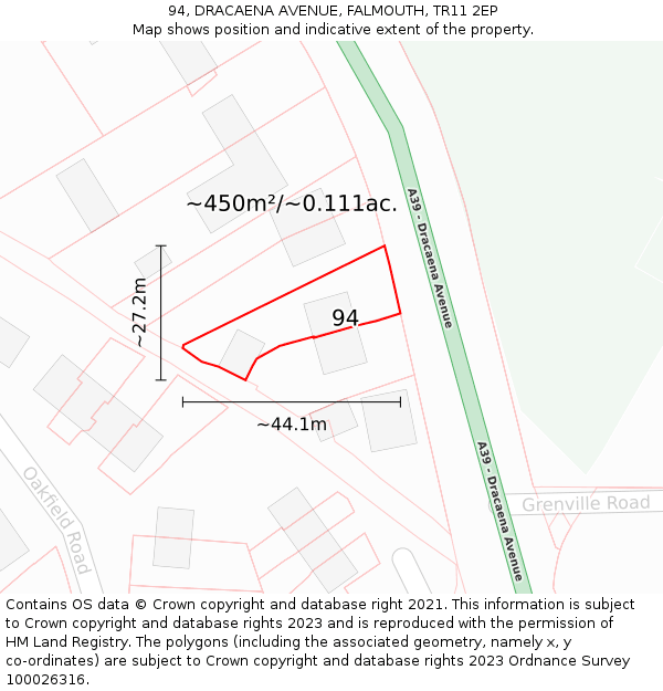 94, DRACAENA AVENUE, FALMOUTH, TR11 2EP: Plot and title map