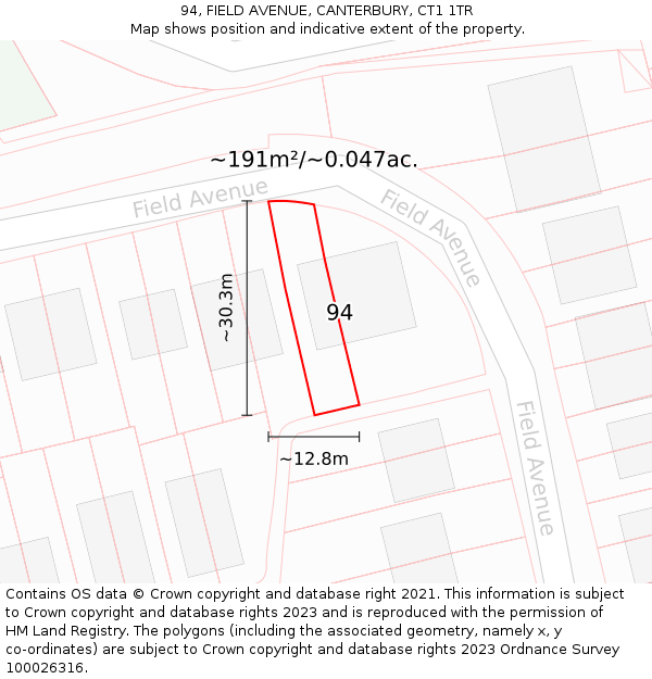 94, FIELD AVENUE, CANTERBURY, CT1 1TR: Plot and title map