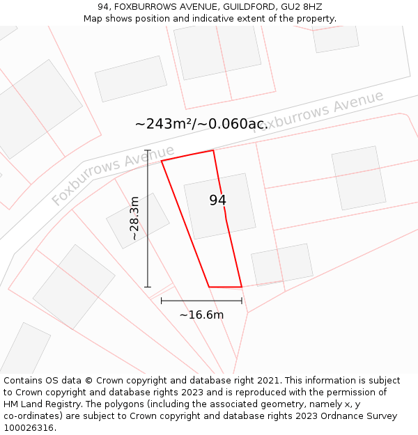 94, FOXBURROWS AVENUE, GUILDFORD, GU2 8HZ: Plot and title map