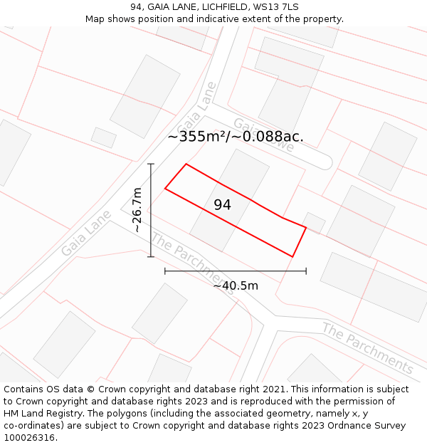 94, GAIA LANE, LICHFIELD, WS13 7LS: Plot and title map