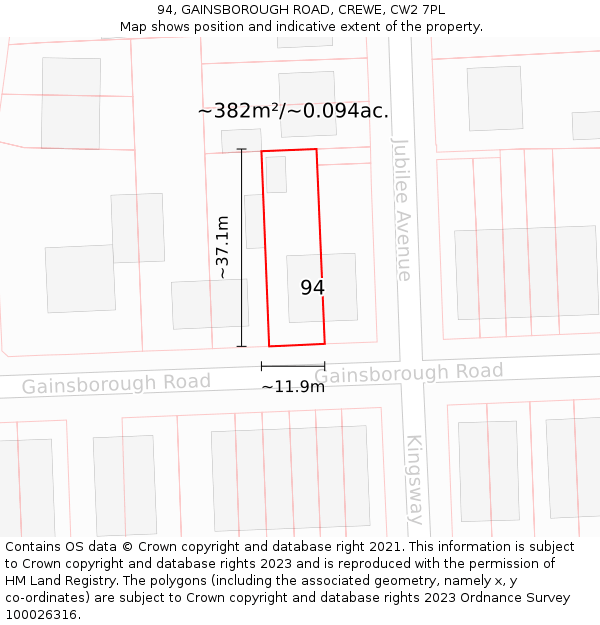 94, GAINSBOROUGH ROAD, CREWE, CW2 7PL: Plot and title map