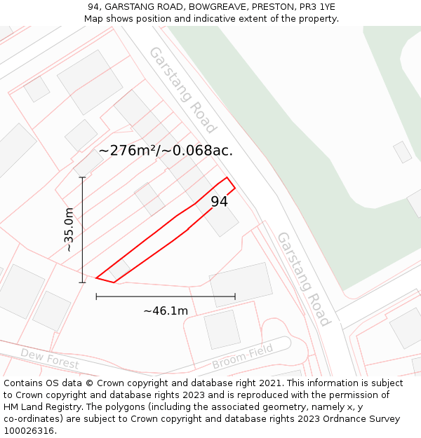 94, GARSTANG ROAD, BOWGREAVE, PRESTON, PR3 1YE: Plot and title map