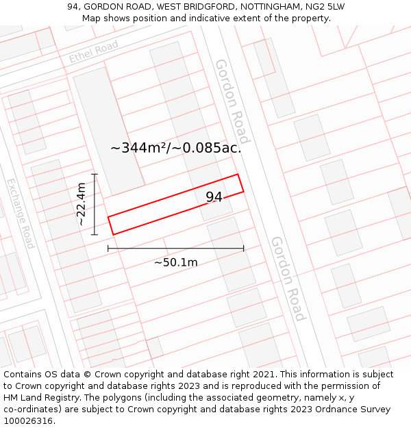 94, GORDON ROAD, WEST BRIDGFORD, NOTTINGHAM, NG2 5LW: Plot and title map