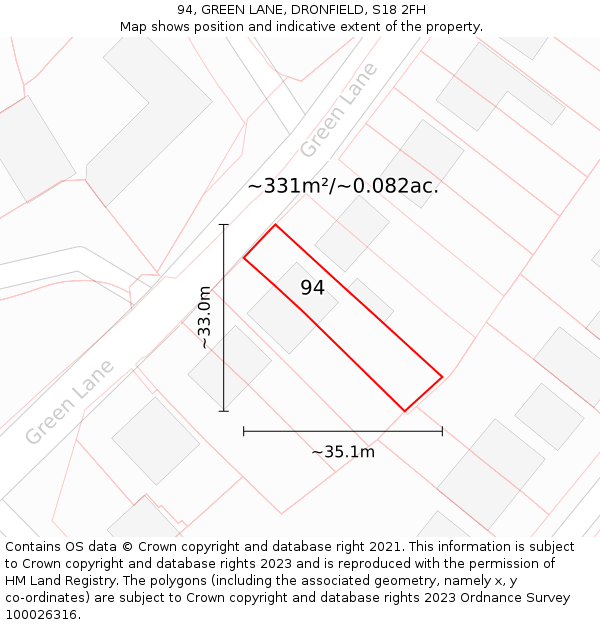 94, GREEN LANE, DRONFIELD, S18 2FH: Plot and title map