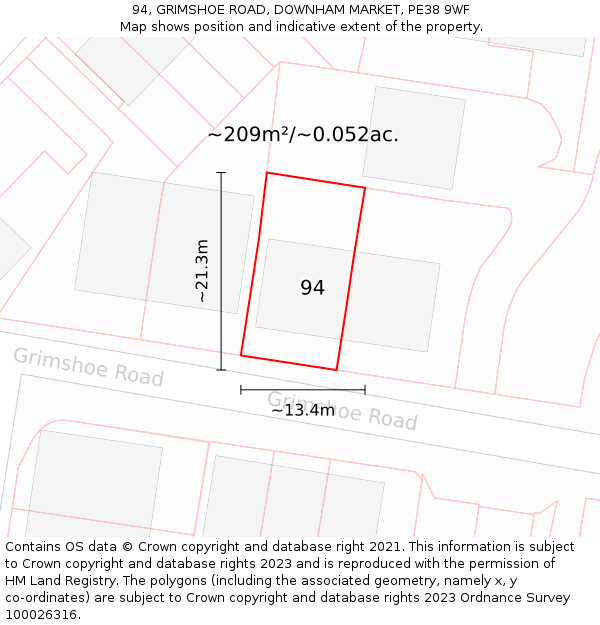 94, GRIMSHOE ROAD, DOWNHAM MARKET, PE38 9WF: Plot and title map