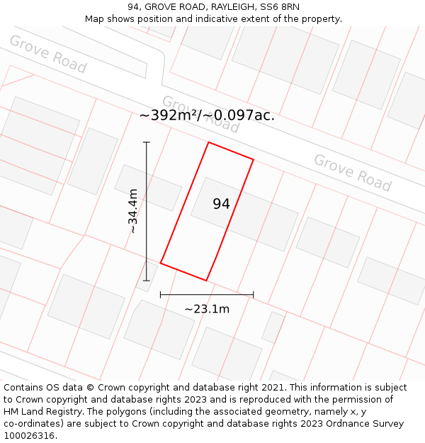 94, GROVE ROAD, RAYLEIGH, SS6 8RN: Plot and title map