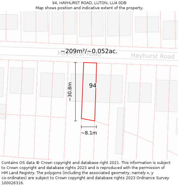 94, HAYHURST ROAD, LUTON, LU4 0DB: Plot and title map