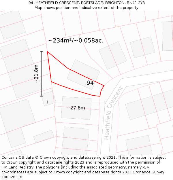 94, HEATHFIELD CRESCENT, PORTSLADE, BRIGHTON, BN41 2YR: Plot and title map