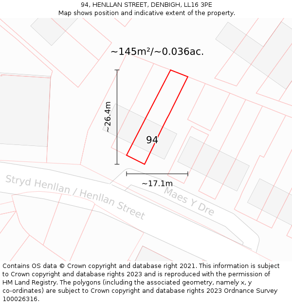 94, HENLLAN STREET, DENBIGH, LL16 3PE: Plot and title map