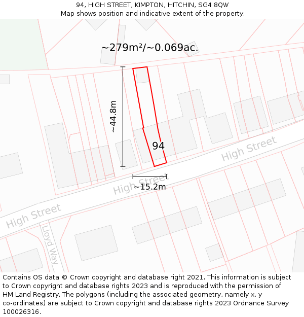 94, HIGH STREET, KIMPTON, HITCHIN, SG4 8QW: Plot and title map