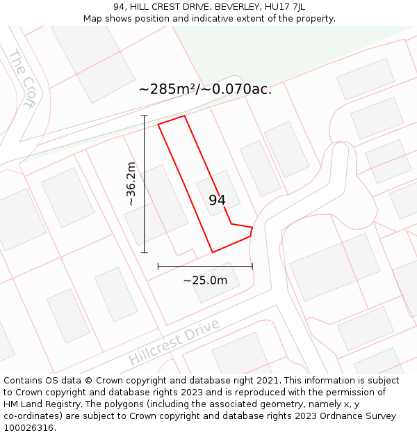 94, HILL CREST DRIVE, BEVERLEY, HU17 7JL: Plot and title map