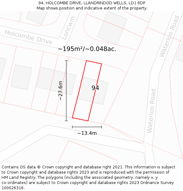 94, HOLCOMBE DRIVE, LLANDRINDOD WELLS, LD1 6DP: Plot and title map