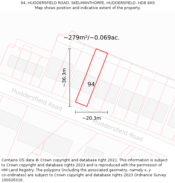 94, HUDDERSFIELD ROAD, SKELMANTHORPE, HUDDERSFIELD, HD8 9AS: Plot and title map