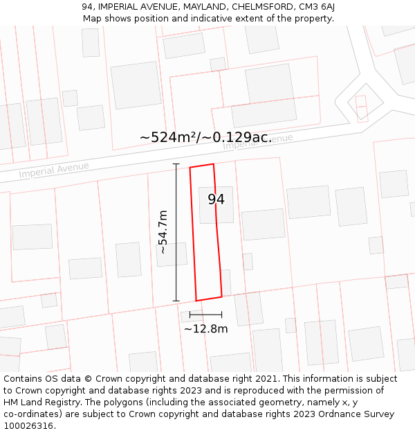 94, IMPERIAL AVENUE, MAYLAND, CHELMSFORD, CM3 6AJ: Plot and title map