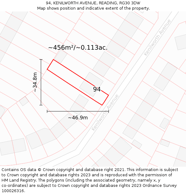 94, KENILWORTH AVENUE, READING, RG30 3DW: Plot and title map