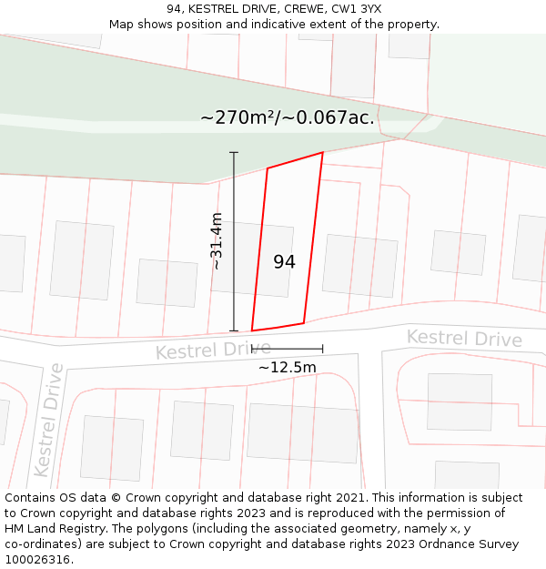 94, KESTREL DRIVE, CREWE, CW1 3YX: Plot and title map