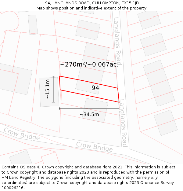 94, LANGLANDS ROAD, CULLOMPTON, EX15 1JB: Plot and title map