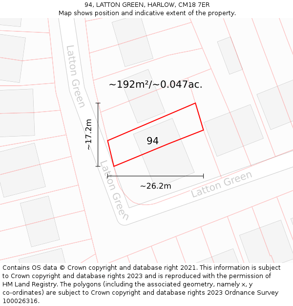 94, LATTON GREEN, HARLOW, CM18 7ER: Plot and title map