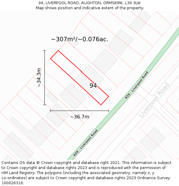 94, LIVERPOOL ROAD, AUGHTON, ORMSKIRK, L39 3LW: Plot and title map