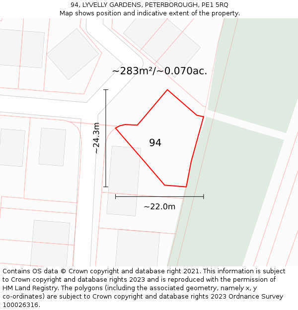 94, LYVELLY GARDENS, PETERBOROUGH, PE1 5RQ: Plot and title map