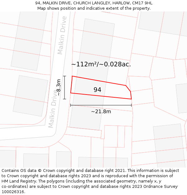 94, MALKIN DRIVE, CHURCH LANGLEY, HARLOW, CM17 9HL: Plot and title map