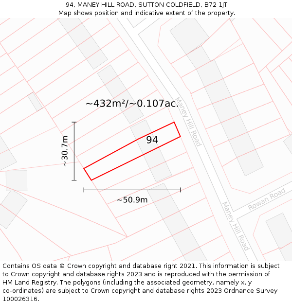 94, MANEY HILL ROAD, SUTTON COLDFIELD, B72 1JT: Plot and title map