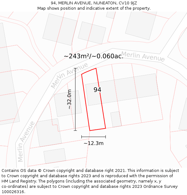 94, MERLIN AVENUE, NUNEATON, CV10 9JZ: Plot and title map