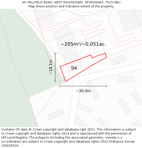 94, MILLFIELD ROAD, WEST KINGSDOWN, SEVENOAKS, TN15 6BU: Plot and title map